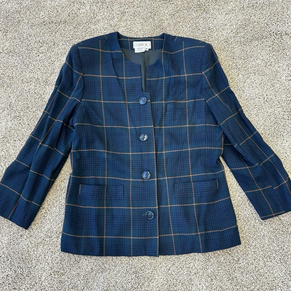 Vintage Gilmor Blazer Jacket Size 14 Blue Plaid Lined Career Button‎ Front Rayon
